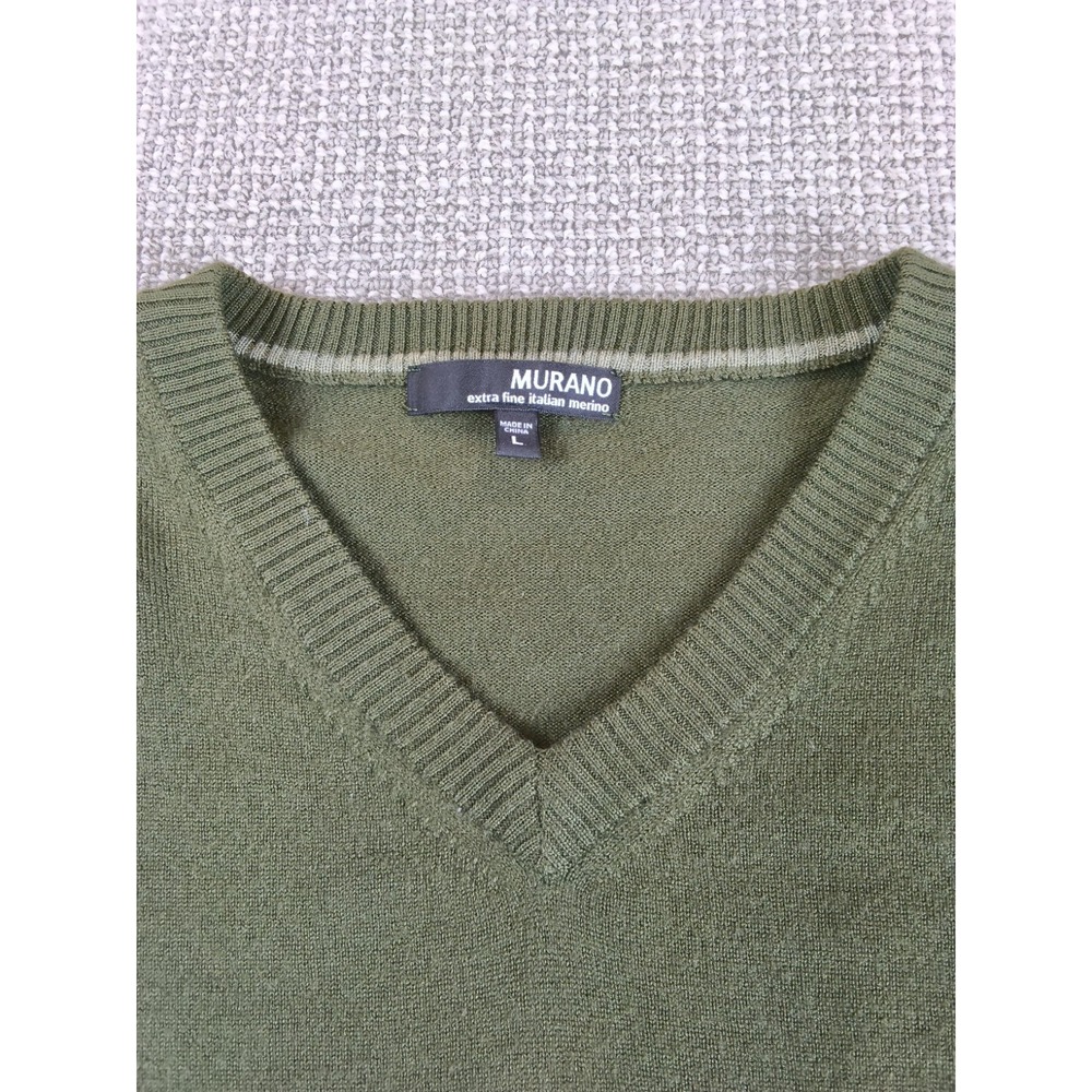 MURANO ITALIA MENS SZ L 100% MERINO WOOL OLIVE GREEN SWEATER V NECK